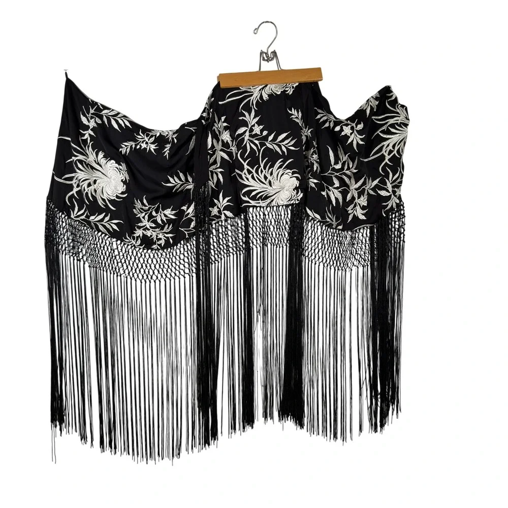 Zara Black Embroidered Fringe Wrap Skirt Sarong Cover Up Women's L NWT - Picture 2 of 7
